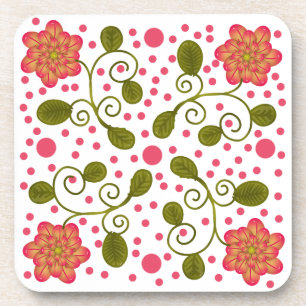 Custom Whimsical Pink Floral & Polka Dot Pattern Beverage Coaster
