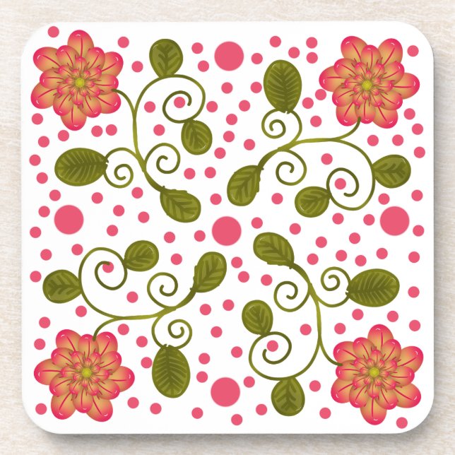 Custom Whimsical Pink Floral & Polka Dot Pattern Beverage Coaster (Front)