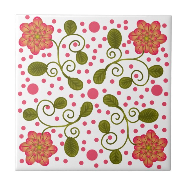 Custom Whimsical Pink Floral & Polka Dot Pattern Ceramic Tile (Front)