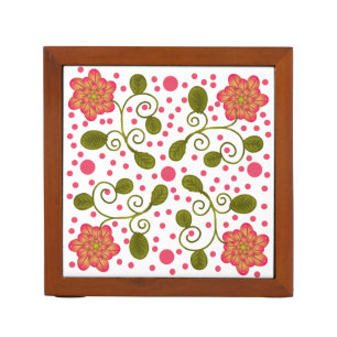 Custom Whimsical Pink Floral & Polka Dot Pattern Desk Organizer