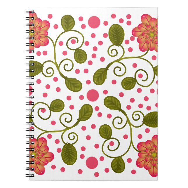 Custom Whimsical Pink Floral & Polka Dot Pattern Notebook (Front)