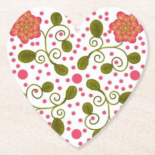 Custom Whimsical Pink Floral & Polka Dot Pattern Paper Coaster