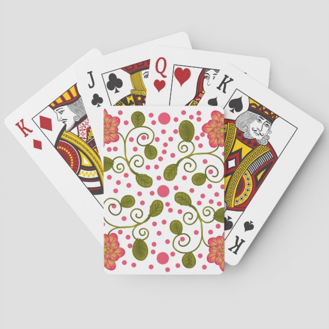 Custom Whimsical Pink Floral & Polka Dot Pattern Poker Cards (Back)