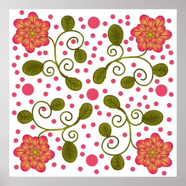 Custom Whimsical Pink Floral & Polka Dot Pattern Poster (Front)