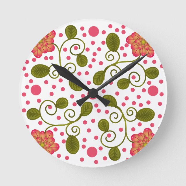 Custom Whimsical Pink Floral & Polka Dot Pattern Round Clock (Front)