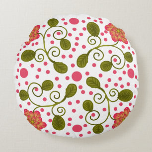 Custom Whimsical Pink Floral & Polka Dot Pattern Round Pillow