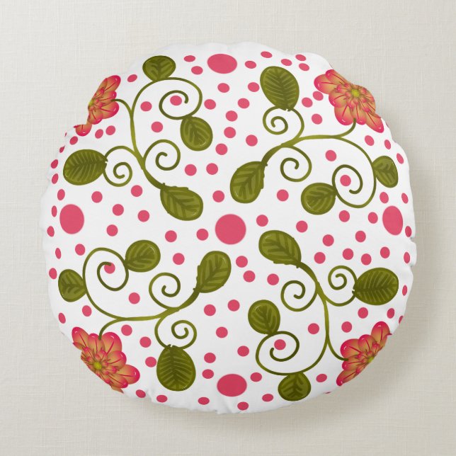 Custom Whimsical Pink Floral & Polka Dot Pattern Round Pillow (Front)