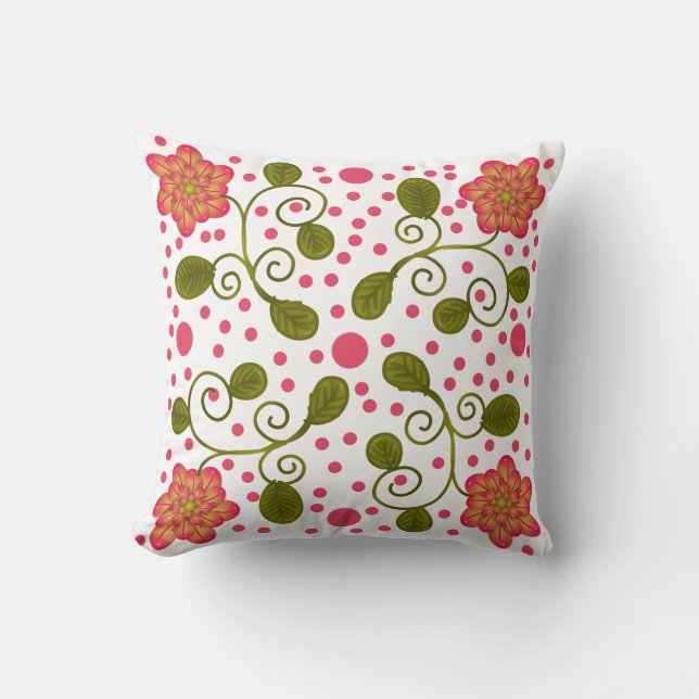 Custom Whimsical Pink Floral & Polka Dot Pattern Throw Pillow (Front)