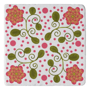 Custom Whimsical Pink Floral & Polka Dot Pattern Trivet