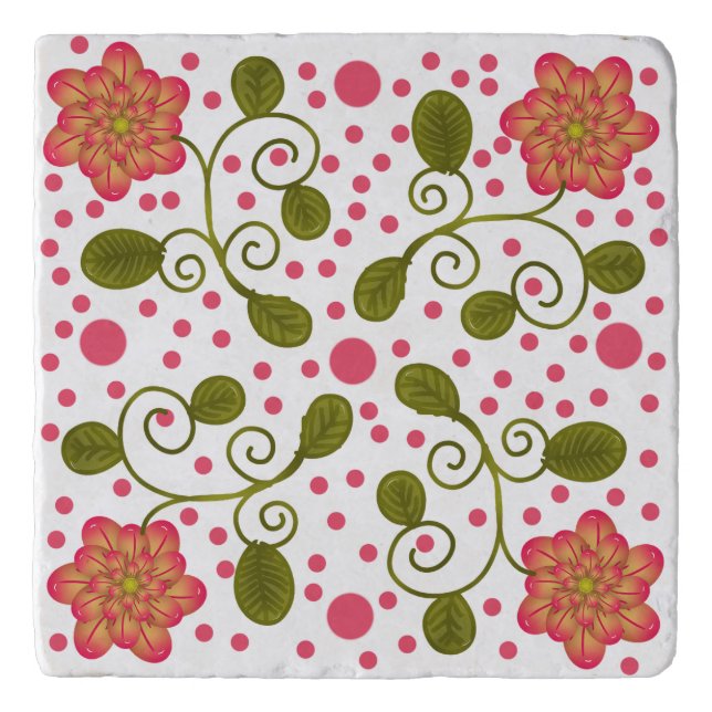 Custom Whimsical Pink Floral & Polka Dot Pattern Trivet (Front)