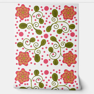 Custom Whimsical Pink Floral & Polka Dot Pattern Wallpaper