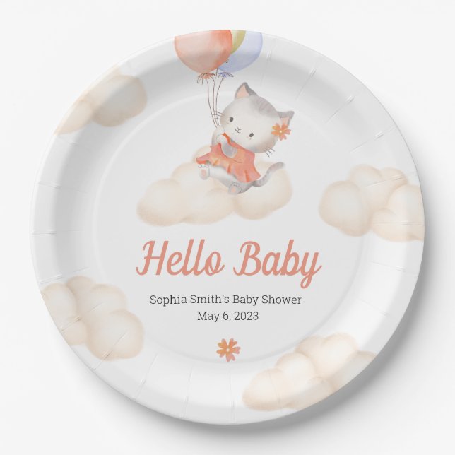 Custom Whimsical Sweet Floating Kitten Baby Girl Paper Plates (Front)