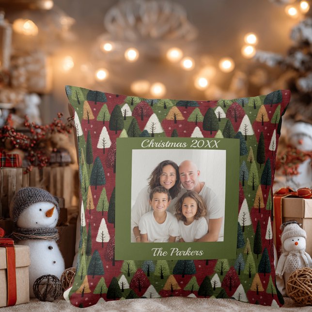 Custom Whimsical Textured Family Photo Christmas Throw Pillow (Creator Uploaded)