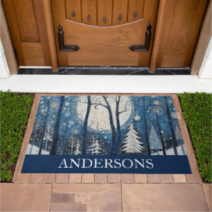 Custom Whimsical White Royal Blue Snowy Forest Doormat