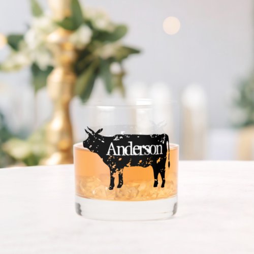 Custom whiskey drink glass with cow silhouette