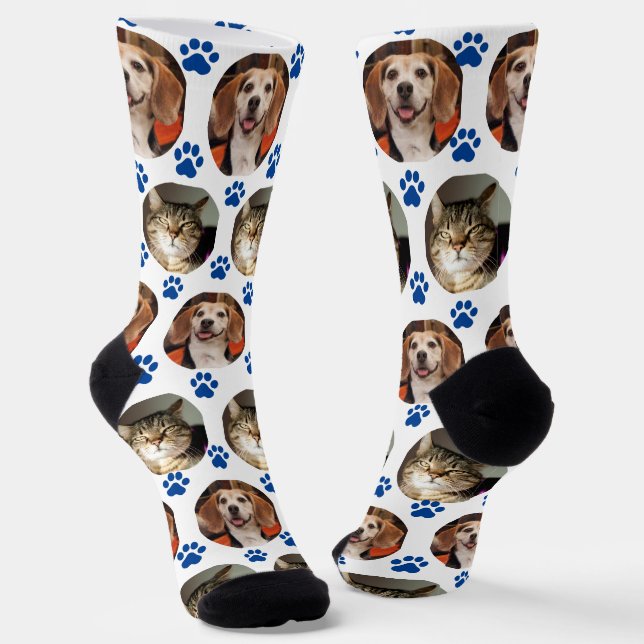 Custom White 2 Pet Photo Blue Paw Prints  Socks (Angled)