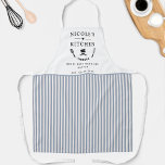 Custom, White and Blue Stripes, Farmhouse Kitchen Apron<br><div class="desc">Make this beautiful white and blue stripe pattern apron your own,  with ability to customize all four text areas with your own message! Design with beautiful area for your text,  enhanced with spatula,  mixing bowls,  fork and whisk details. Unique great gift idea!</div>
