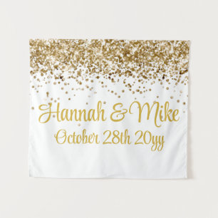 Custom White and Gold Glitter Wedding Photo Booth Tapestry