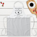 Custom, White and Gray Stripes, Farmhouse Kitchen Apron<br><div class="desc">Make this beautiful white and gray stripe pattern apron your own,  with ability to customize all four text areas with your own message! Design with beautiful area for your text,  enhanced with spatula,  mixing bowls,  fork and whisk details. Unique great gift idea!</div>