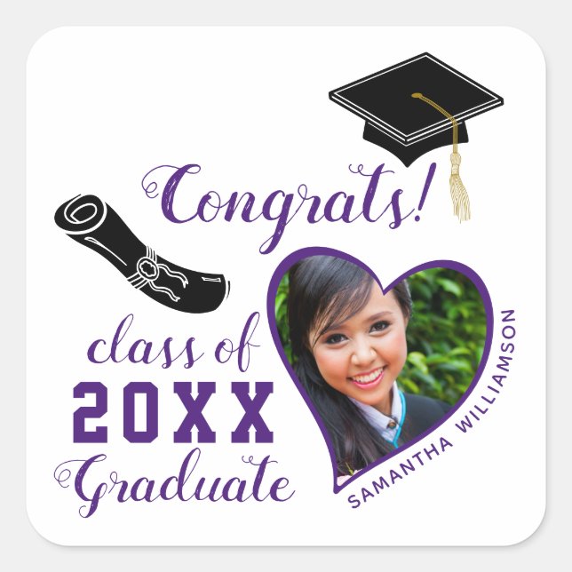 Custom White and Purple Class of 2025 Graduation Square Sticker (Front)