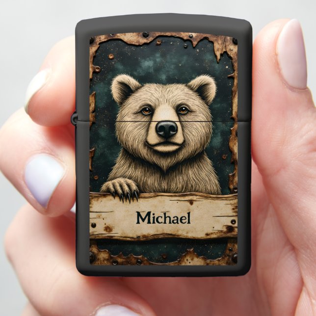 Custom White Bear Design Zippo Lighter (In Hand)