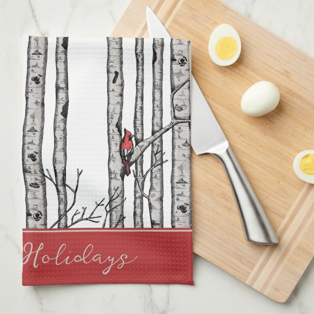 Custom White Birch Trees and Red Cardinal Birds Kitchen Towel (Quarter Fold)