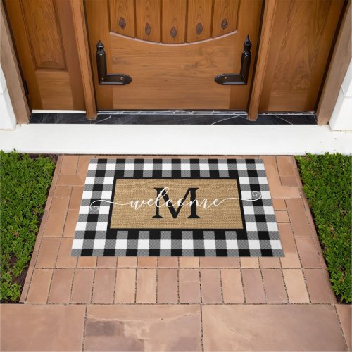 Custom White Black Buffalo Check Tartan Pattern Doormat