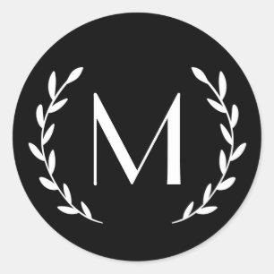 Custom White Black Laurel Monogram Letter Initial Classic Round Sticker