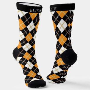 Custom White Black Orange Argyle Pattern Socks