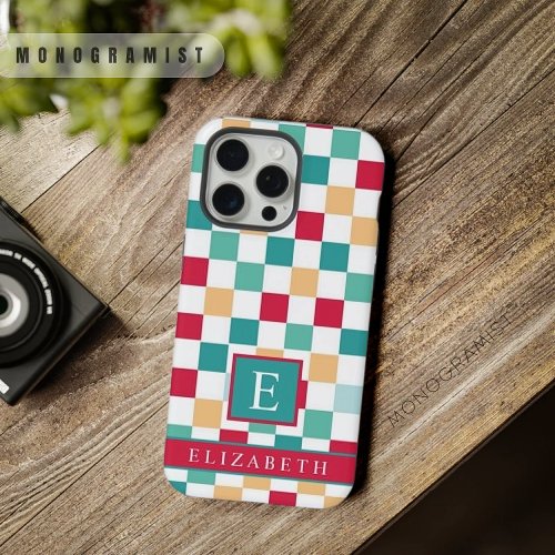 Custom White Black Red Grey Checkered Pattern iPhone 15 Pro Max Case