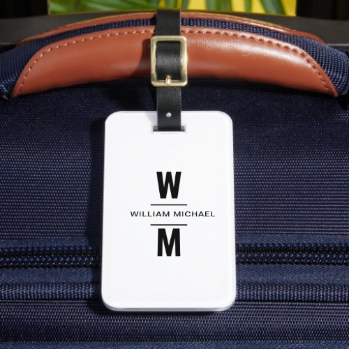 Custom White Black Simple Modern Minimal Monogram Luggage Tag