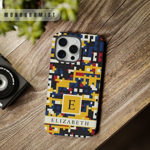 Custom White Black Yellow Blue Pixel Abstract iPhone 15 Pro Max Case