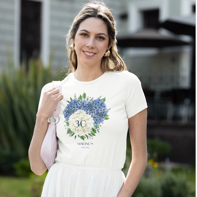 Custom White Blue Hydrangeas 30th Birthday Party T-Shirt (Creator Uploaded)