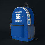 Custom white blue Name, Number, Team Sport Printed Backpack<br><div class="desc">Create your own custom white blue Sport Football Style Printed Backpack with Name, Number, Team Name, Slogan and Year. Personalize this simple classic Printed Backpack template with your custom message, name, team name and year. Easily personalize it for a cool sport keepsake. Create your unique personalized gift for coach, boy's...</div>