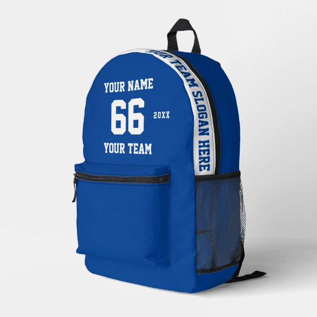 Custom white blue Name, Number, Team Sport Printed Backpack (Back Corner Right)
