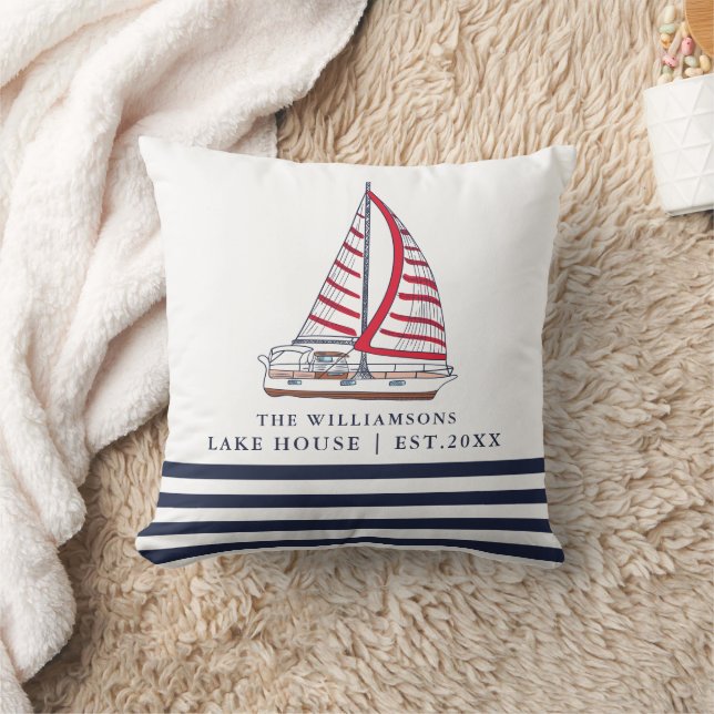 Custom White Blue Red Boat Nautical Lake House Throw Pillow (Blanket)