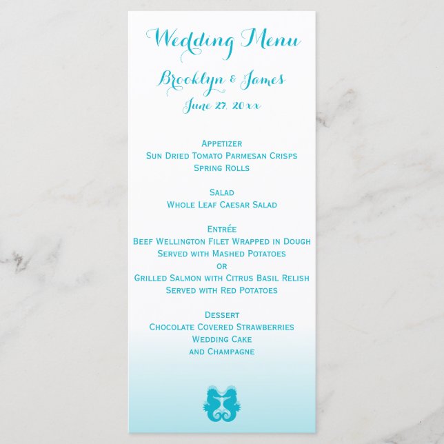 Custom White Blue Seahorse Wedding Menu Cards (Front)