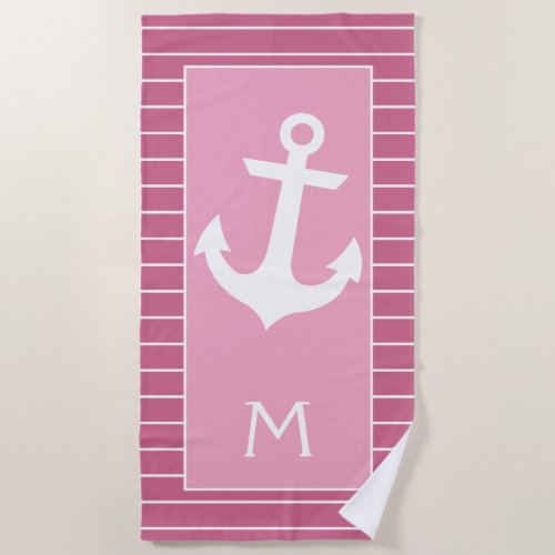 Custom White Boat Anchor Stripes On Bright Pink Beach Towel