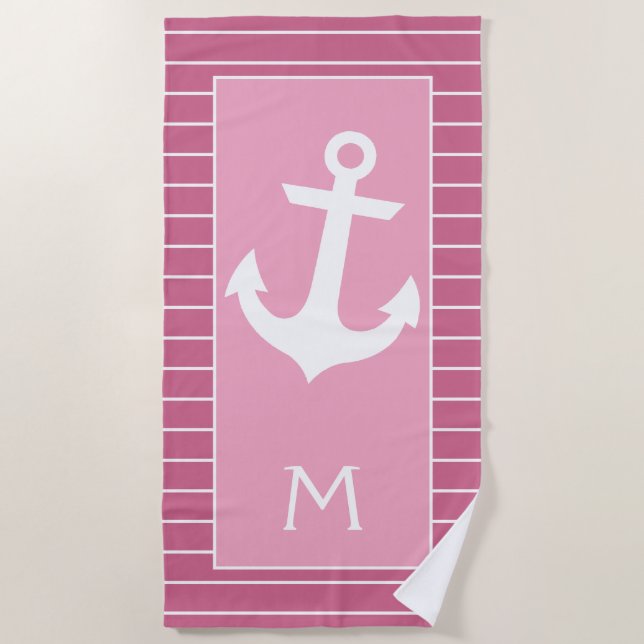 Custom White Boat Anchor Stripes On Bright Pink Beach Towel (Front)