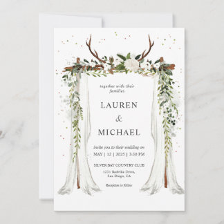 Custom White Boho Canopy Floral Antler Wedding Invitation