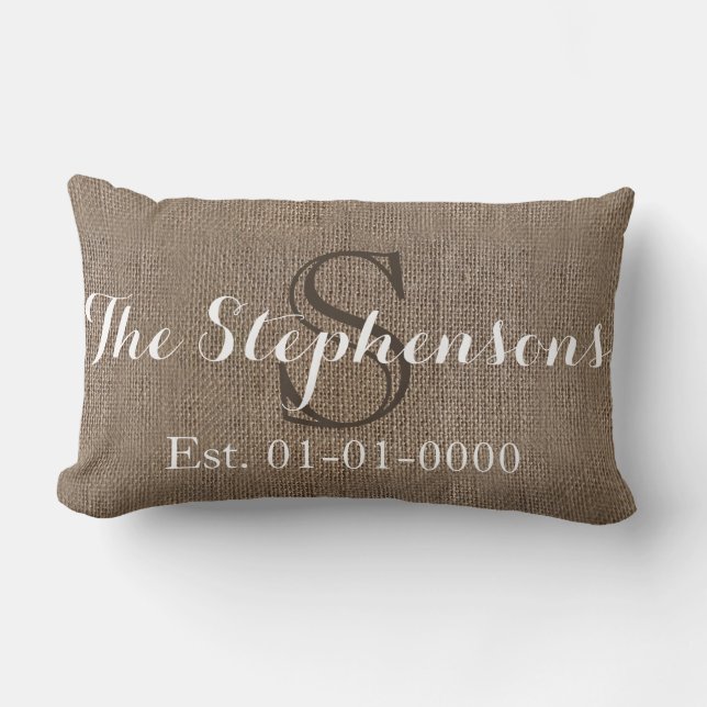 Custom White/ Burlap-Look Rustic Wedding/Family Lumbar Pillow (Front)