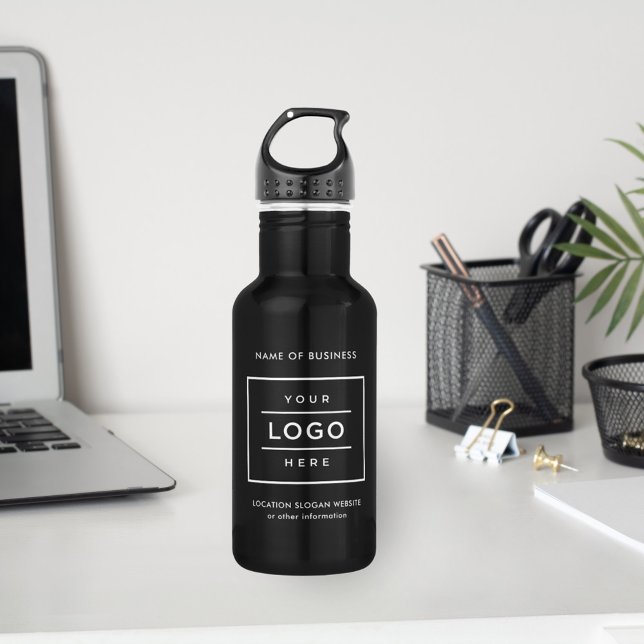 Custom White Business Logo Branded Black Stainless Steel Water Bottle (Creator Uploaded)