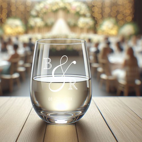 Custom White Calligraphy Couple Names Initials Stemless Wine Glass
