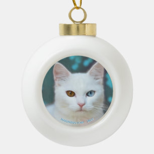 Custom white cat photo & editable text ceramic ball christmas ornament