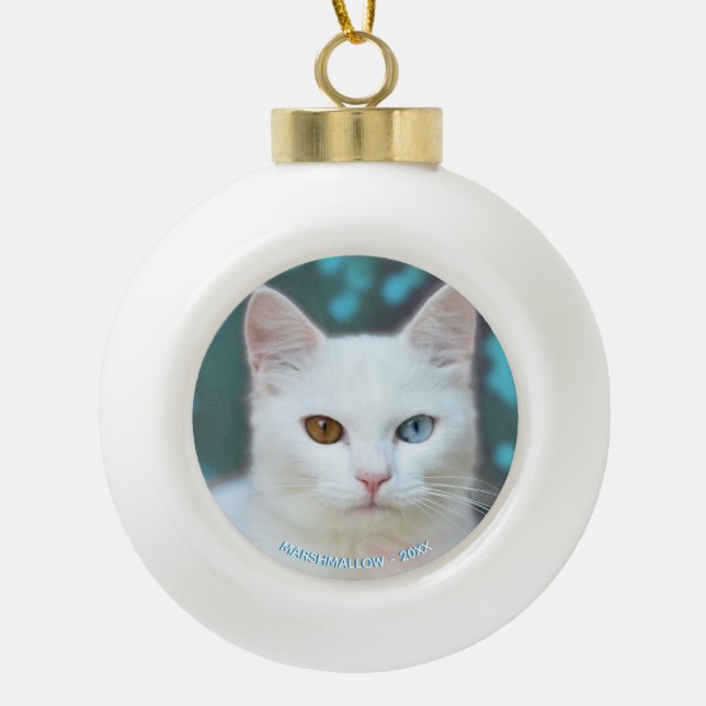 Custom white cat photo & editable text ceramic ball christmas ornament (Front)