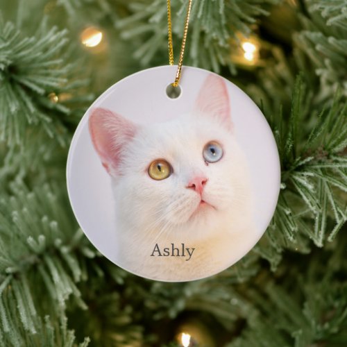 Custom White Cat Photo Personalized Ceramic Ornament