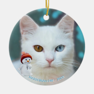 Custom White Cat Photo with Cute Snowman Ceramic Ornament