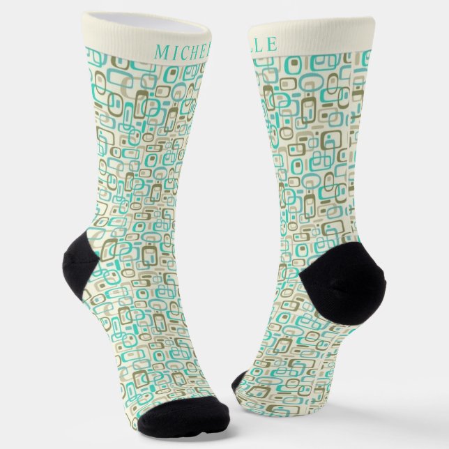 Custom White Cream Blue Green Geometric Pattern Socks (Angled)