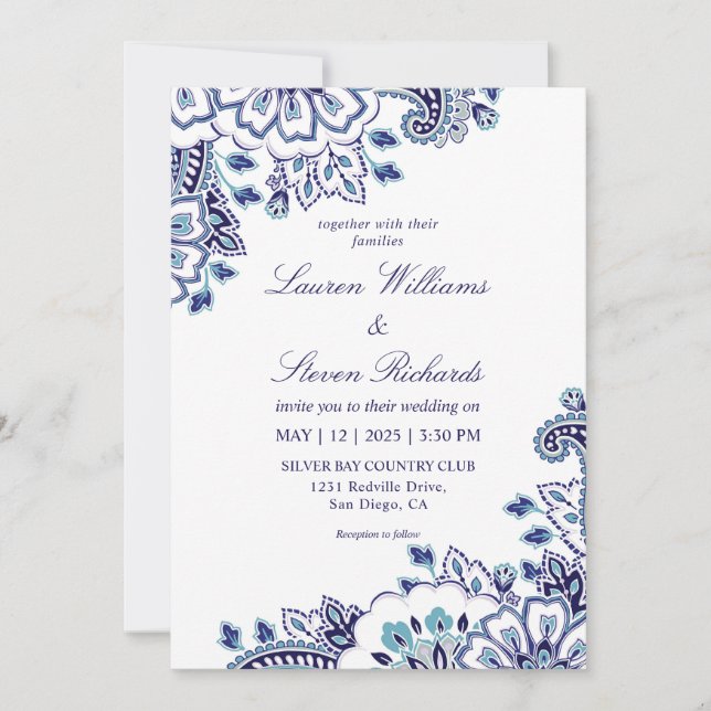 Custom White Dark Blue Colored Paisley Wedding Invitation (Front)