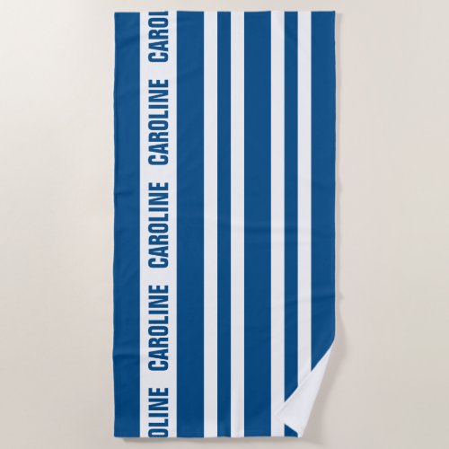 Custom White Dark Nautical Blue Stripes Pattern Beach Towel